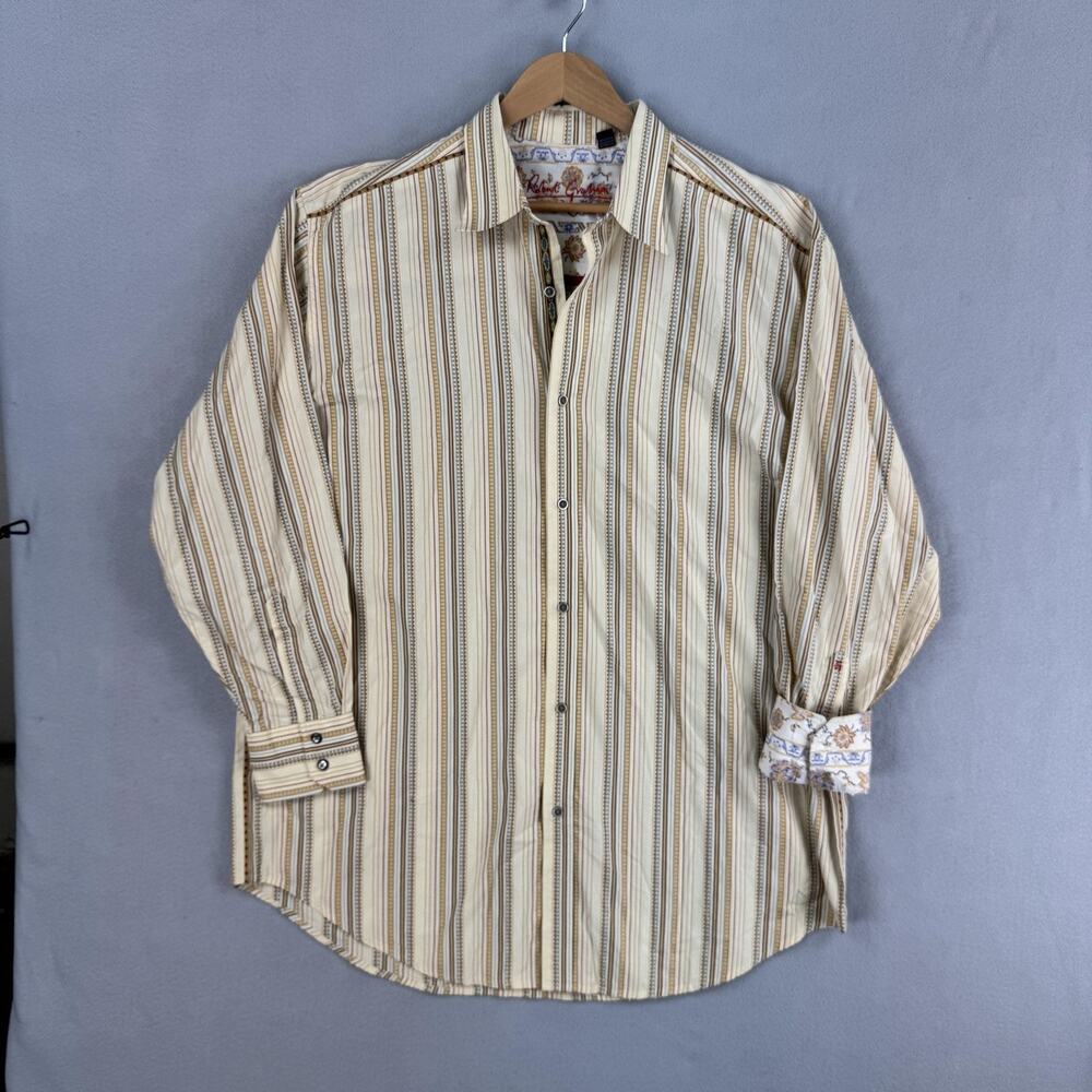 Robert Graham Shirt Mens XLB Beige Stripe Cotton Long Sleeve Button Up Casual